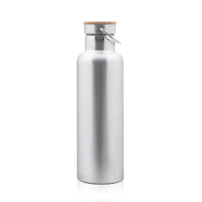 Bouteille en inox gris avec un capuchon de bois clair