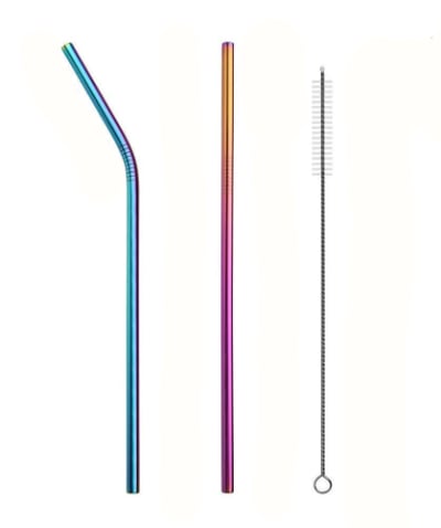 pailles en inox en couleur bleu et rose avec un dégradé orange et une brosse à droite.